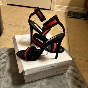 Trendy Steve Madden heels with elastic red and black straps 4inch heel height